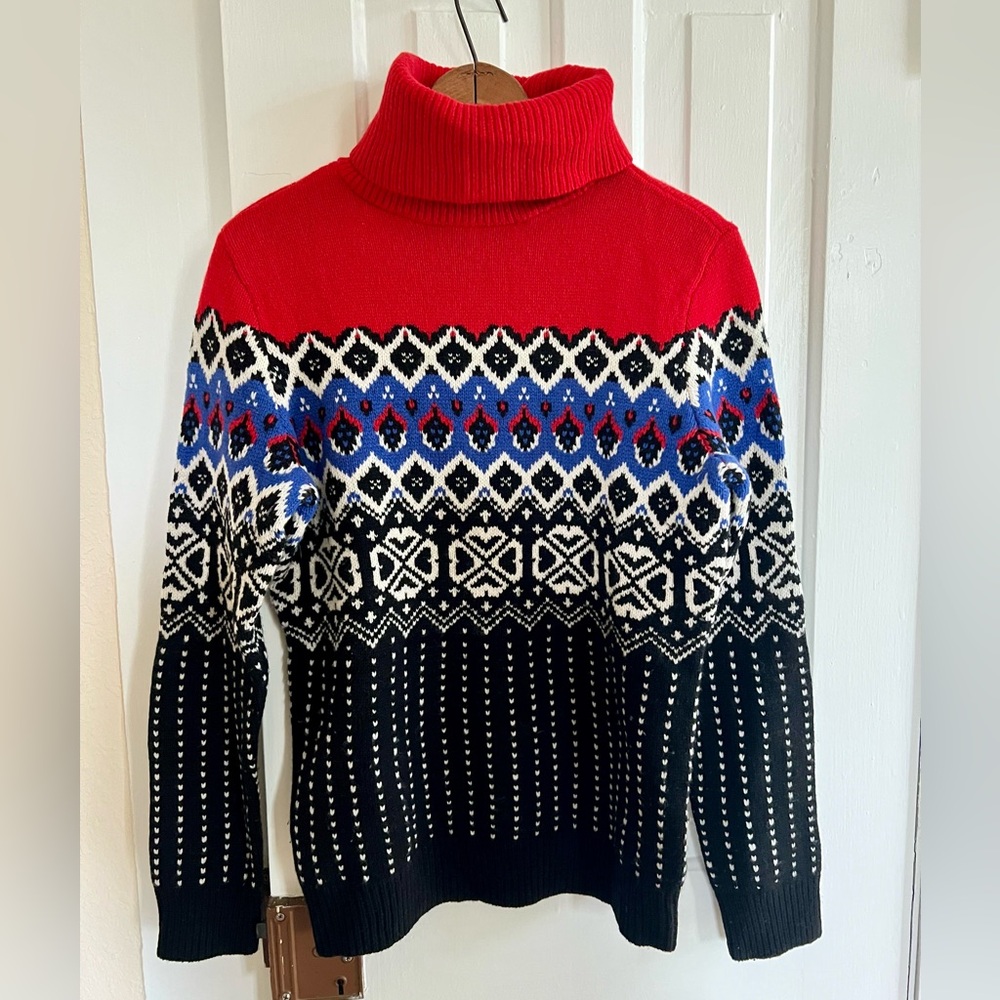 Vintage L.L. Bean 100% Merino Wool, Red and Black Turtleneck Sweater